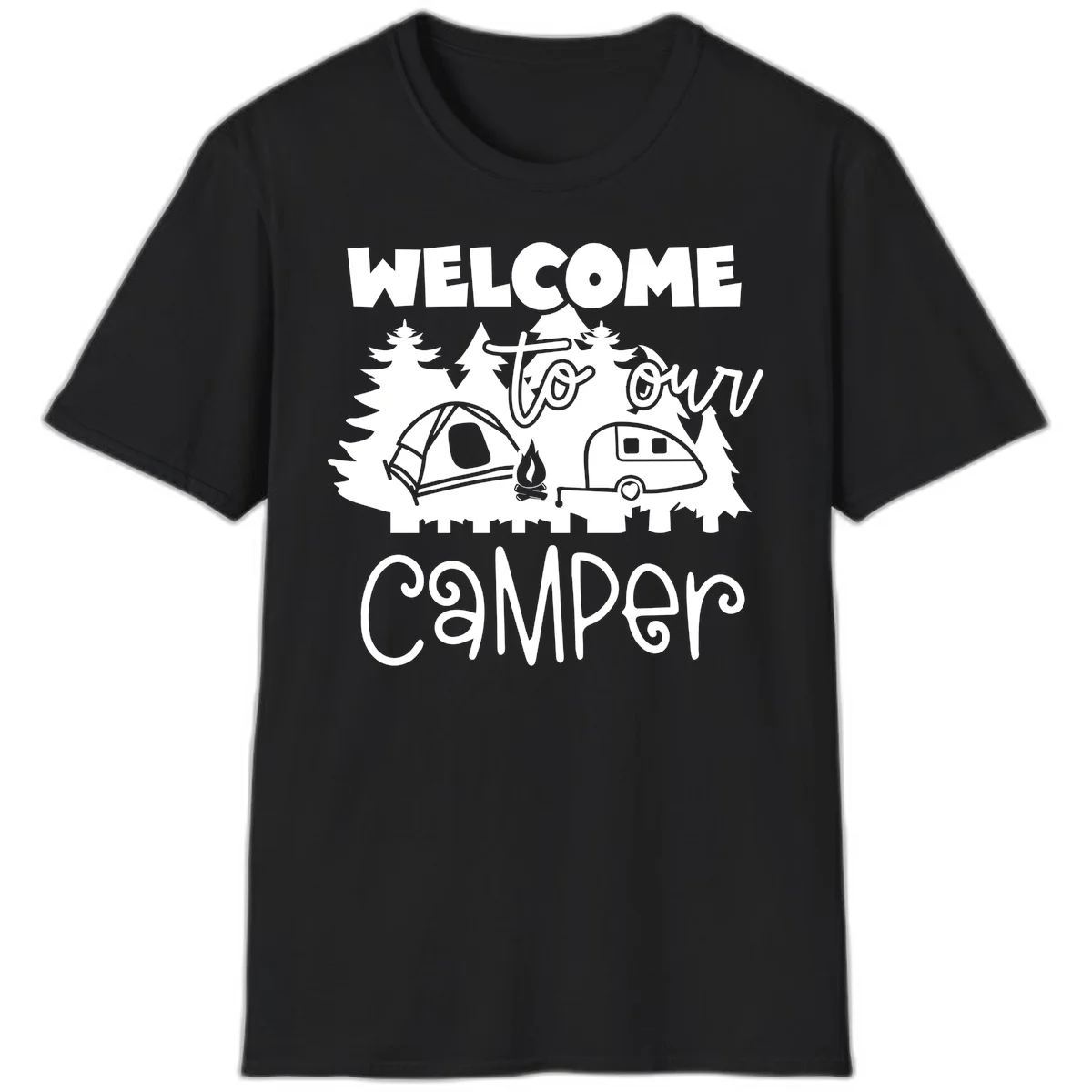 White camping illustration with tent, campfire, and travel trailer surrounded by pine trees and 'Welcome To Our Camper' text on gray background in Black