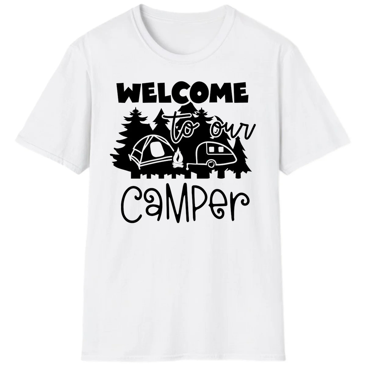 White camping illustration with tent, campfire, and travel trailer surrounded by pine trees and 'Welcome To Our Camper' text on gray background in White