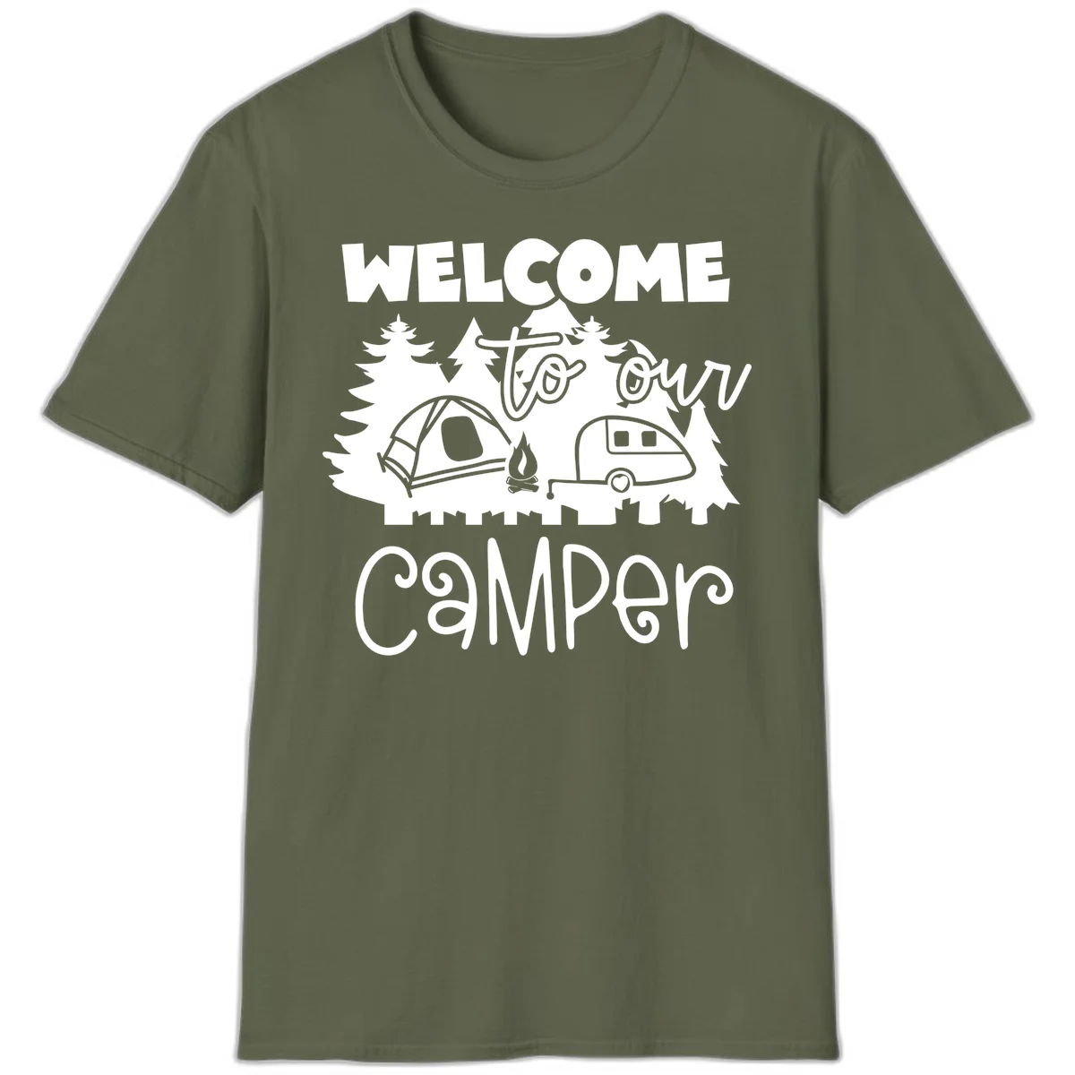 White camping illustration with tent, campfire, and travel trailer surrounded by pine trees and 'Welcome To Our Camper' text on gray background in Military Green