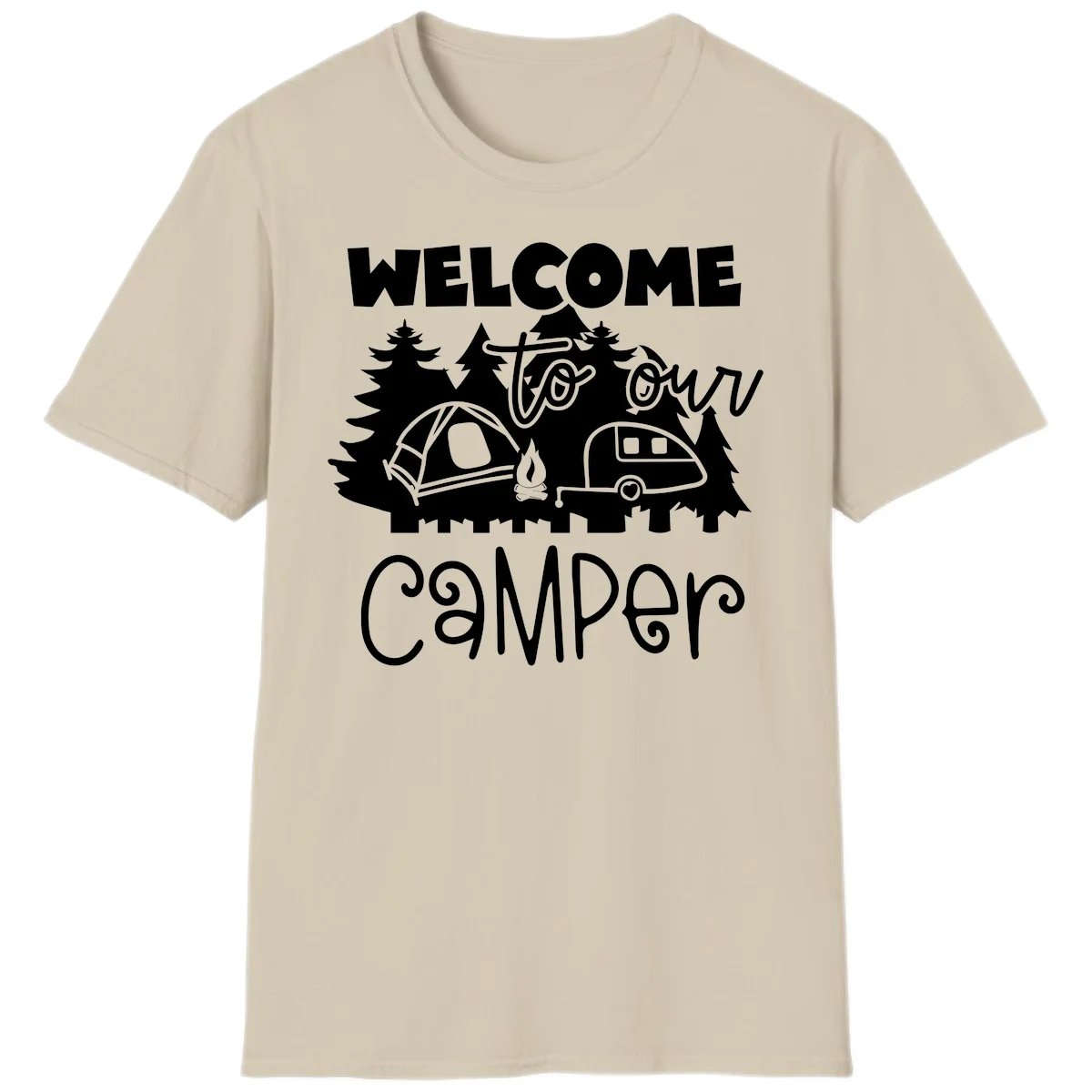 White camping illustration with tent, campfire, and travel trailer surrounded by pine trees and 'Welcome To Our Camper' text on gray background in Sand