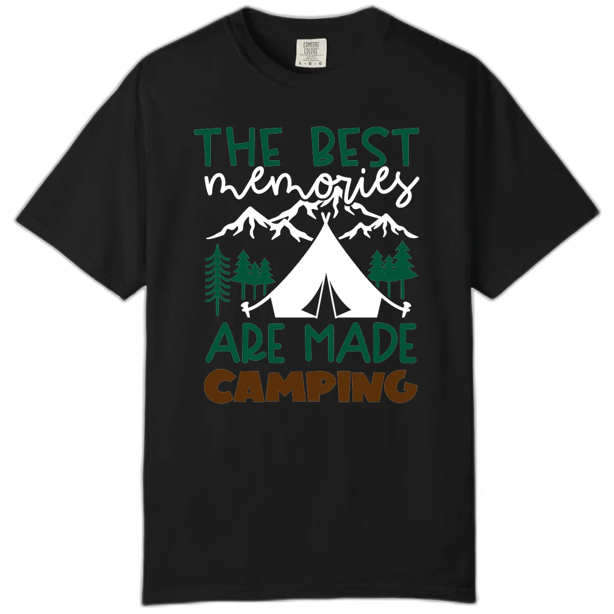 Illustration of tent, mountains, and trees with text reading 'The Best Memories Are Made Camping' in green and white lettering in Black