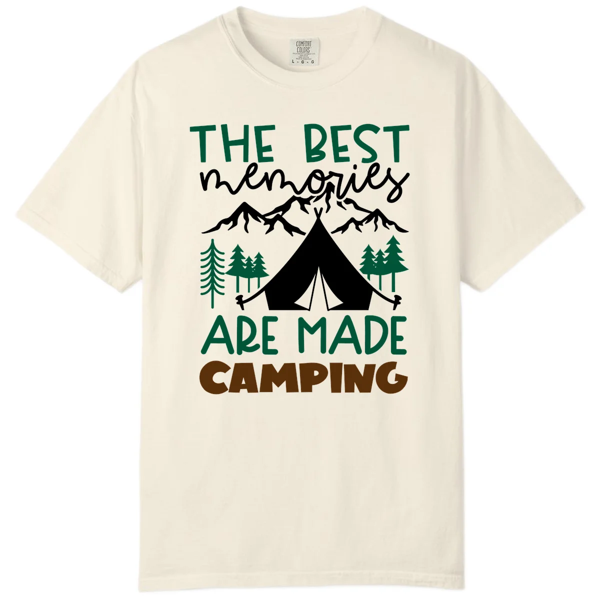 Illustration of tent, mountains, and trees with text reading 'The Best Memories Are Made Camping' in green and white lettering in Ivory