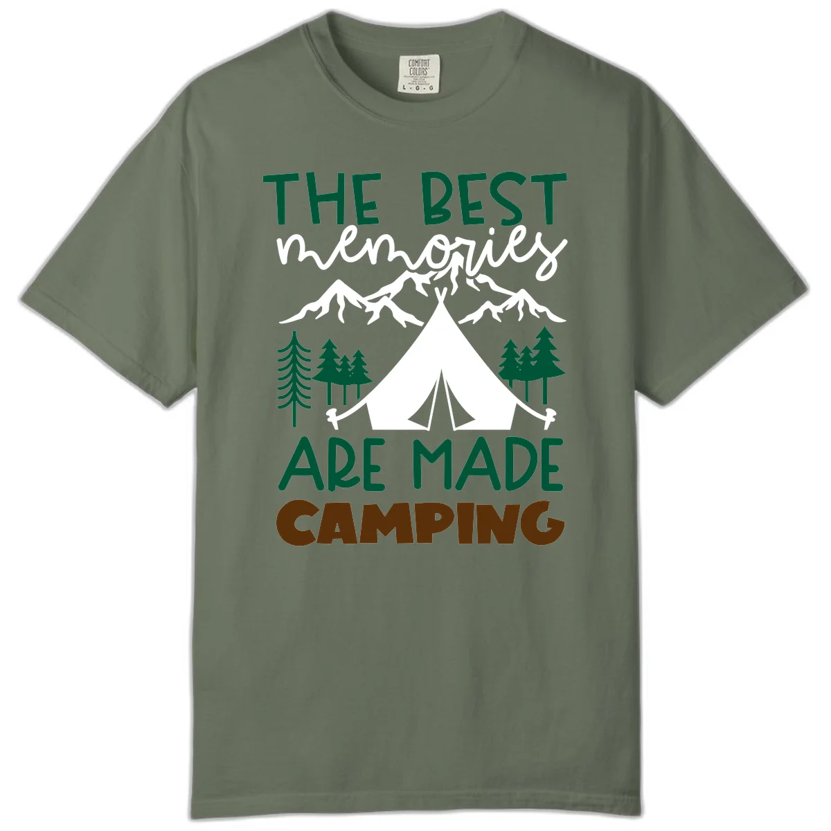 Illustration of tent, mountains, and trees with text reading 'The Best Memories Are Made Camping' in green and white lettering in Moss