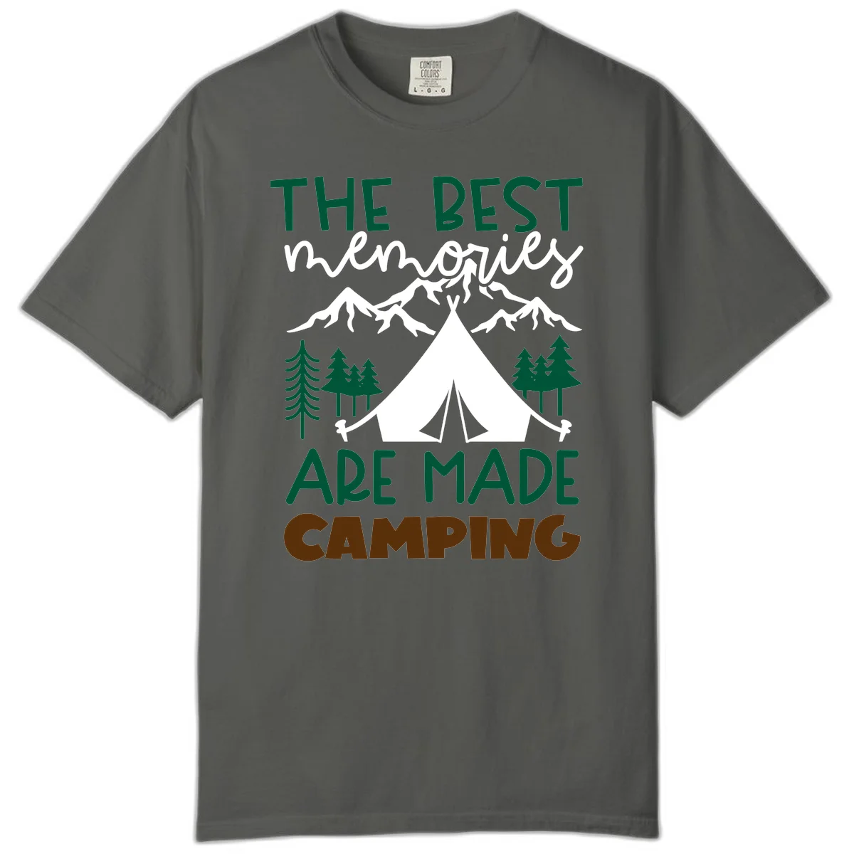 Illustration of tent, mountains, and trees with text reading 'The Best Memories Are Made Camping' in green and white lettering in Pepper