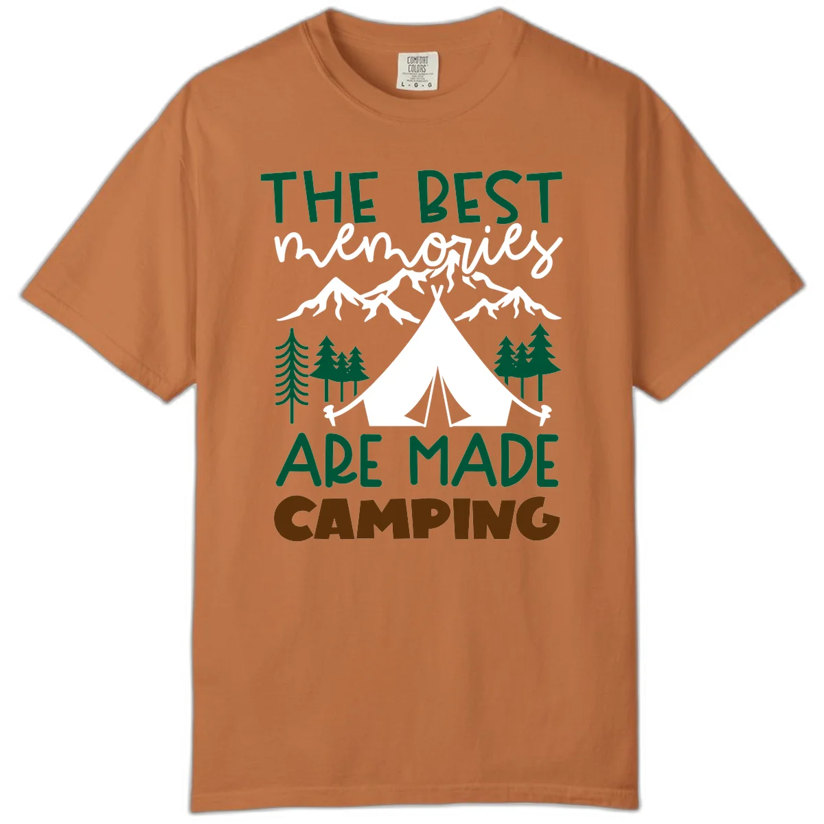 Illustration of tent, mountains, and trees with text reading 'The Best Memories Are Made Camping' in green and white lettering in Yam