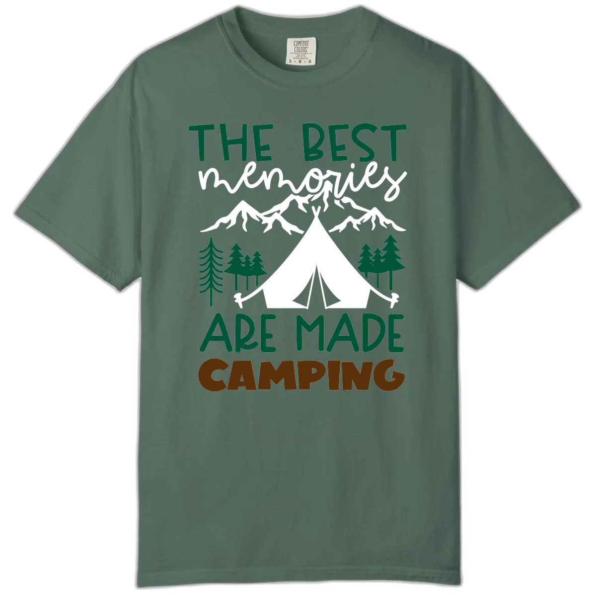 Illustration of tent, mountains, and trees with text reading 'The Best Memories Are Made Camping' in green and white lettering in Blue Spruce