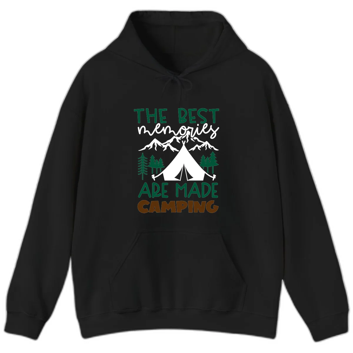 Illustration of tent, mountains, and trees with text reading 'The Best Memories Are Made Camping' in green and white lettering in Black