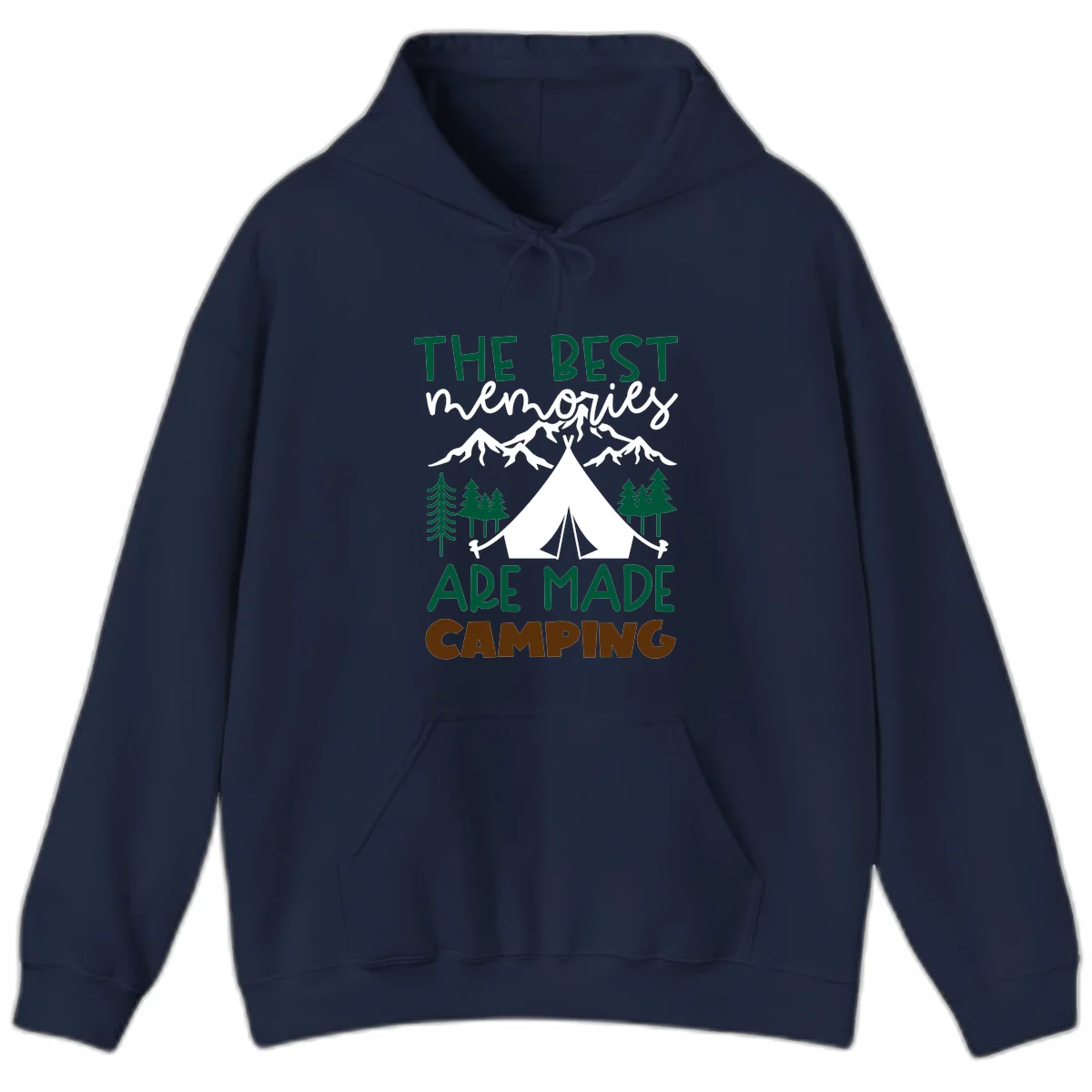 Illustration of tent, mountains, and trees with text reading 'The Best Memories Are Made Camping' in green and white lettering in Navy