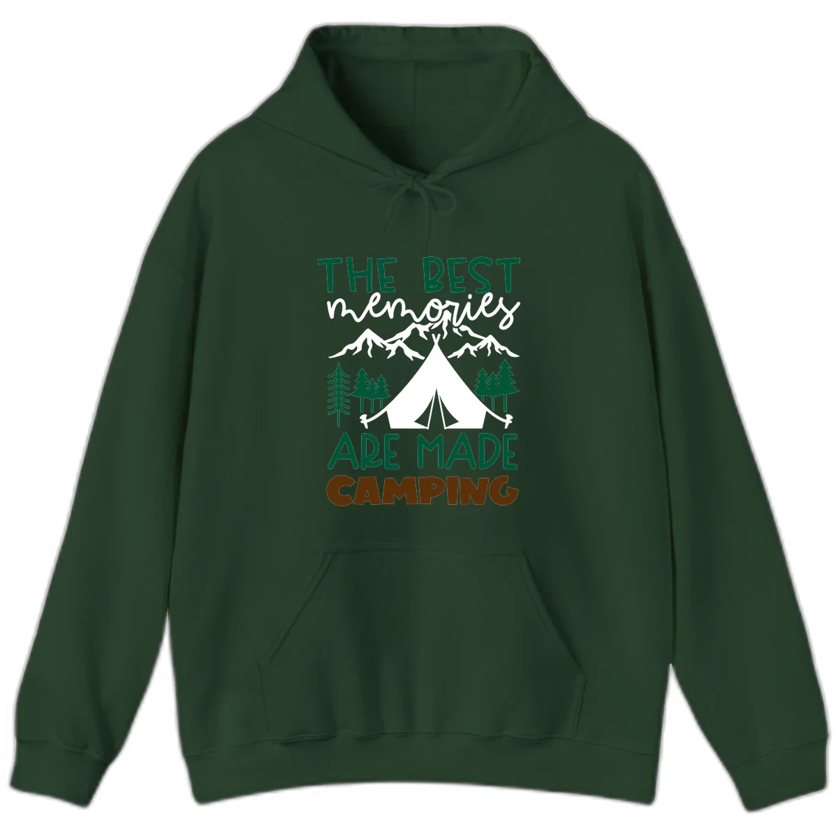 Illustration of tent, mountains, and trees with text reading 'The Best Memories Are Made Camping' in green and white lettering in Forest Green