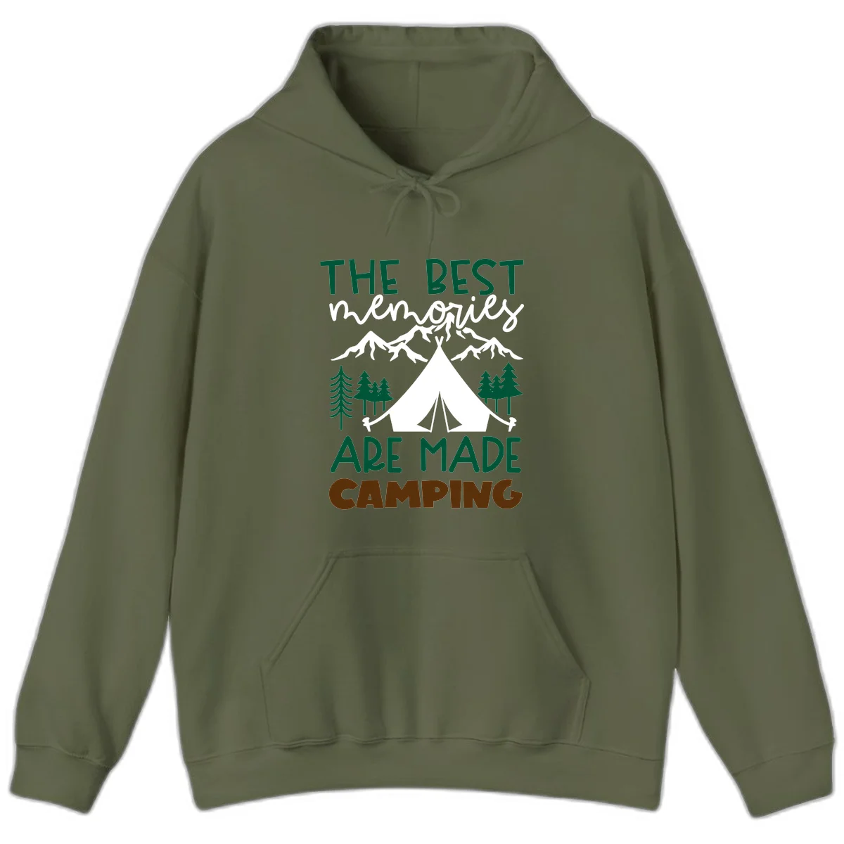 Illustration of tent, mountains, and trees with text reading 'The Best Memories Are Made Camping' in green and white lettering in Military Green
