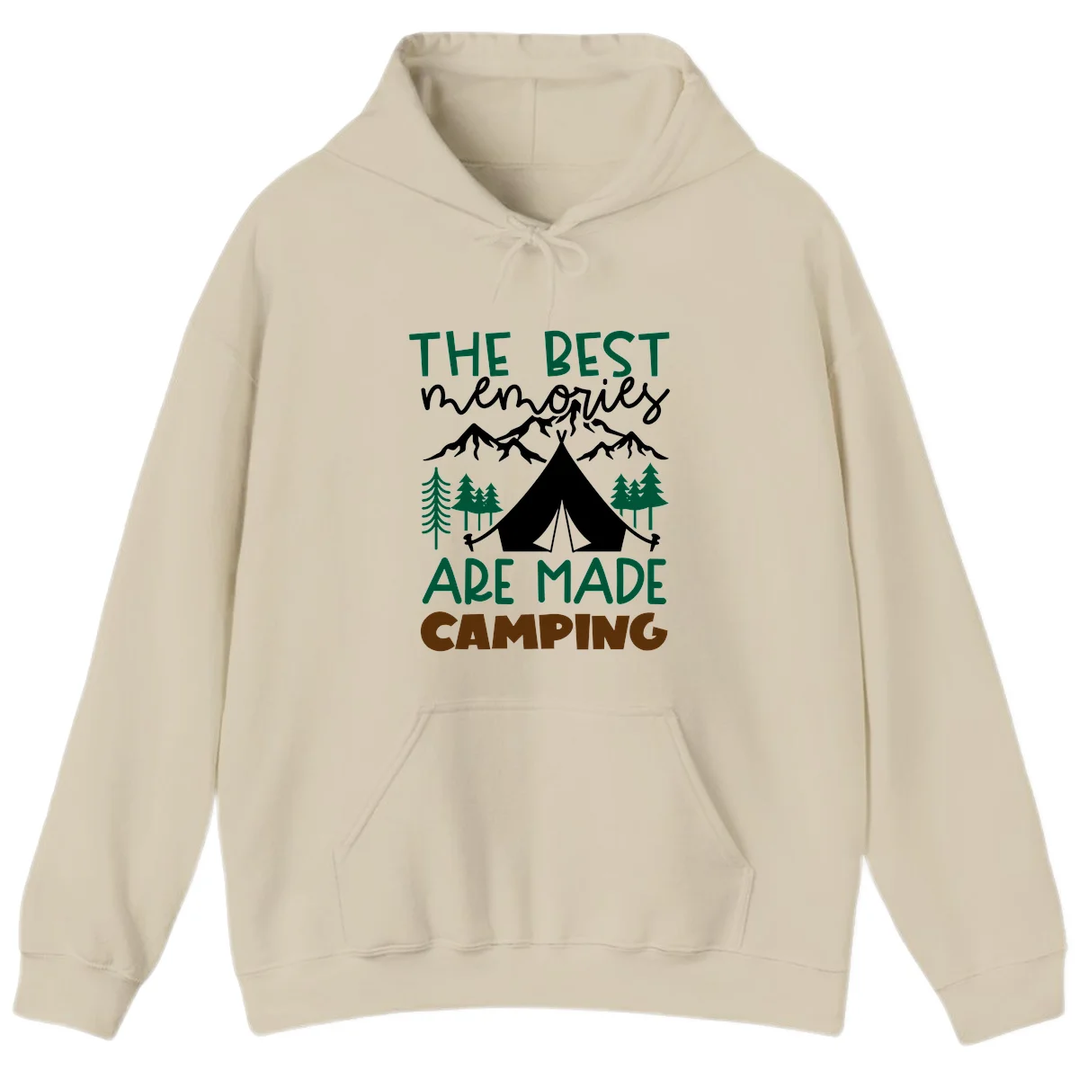 Illustration of tent, mountains, and trees with text reading 'The Best Memories Are Made Camping' in green and white lettering in Sand