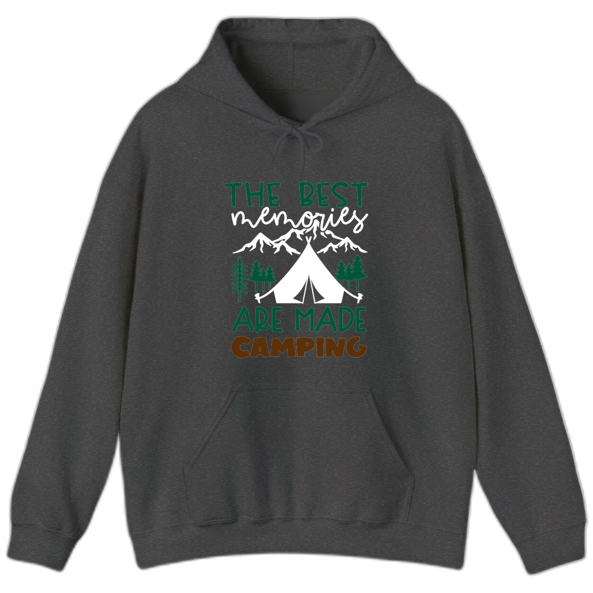 Illustration of tent, mountains, and trees with text reading 'The Best Memories Are Made Camping' in green and white lettering in Dark Heather