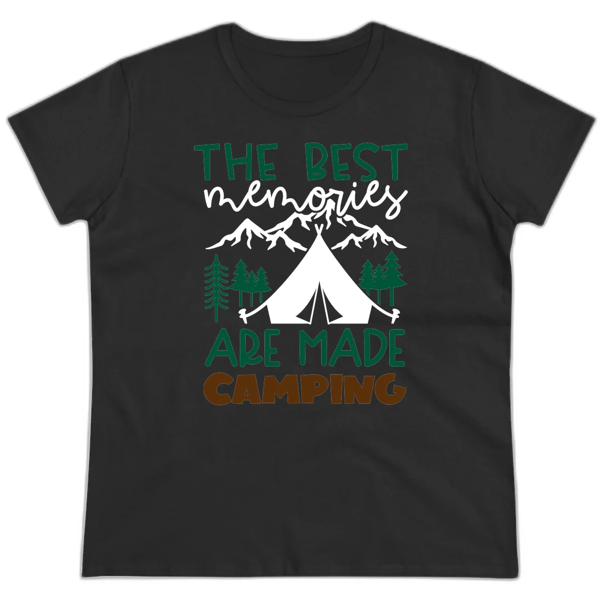 Illustration of tent, mountains, and trees with text reading 'The Best Memories Are Made Camping' in green and white lettering in Black