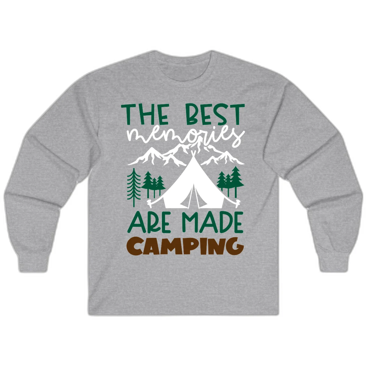 Illustration of tent, mountains, and trees with text reading 'The Best Memories Are Made Camping' in green and white lettering in Sport Grey