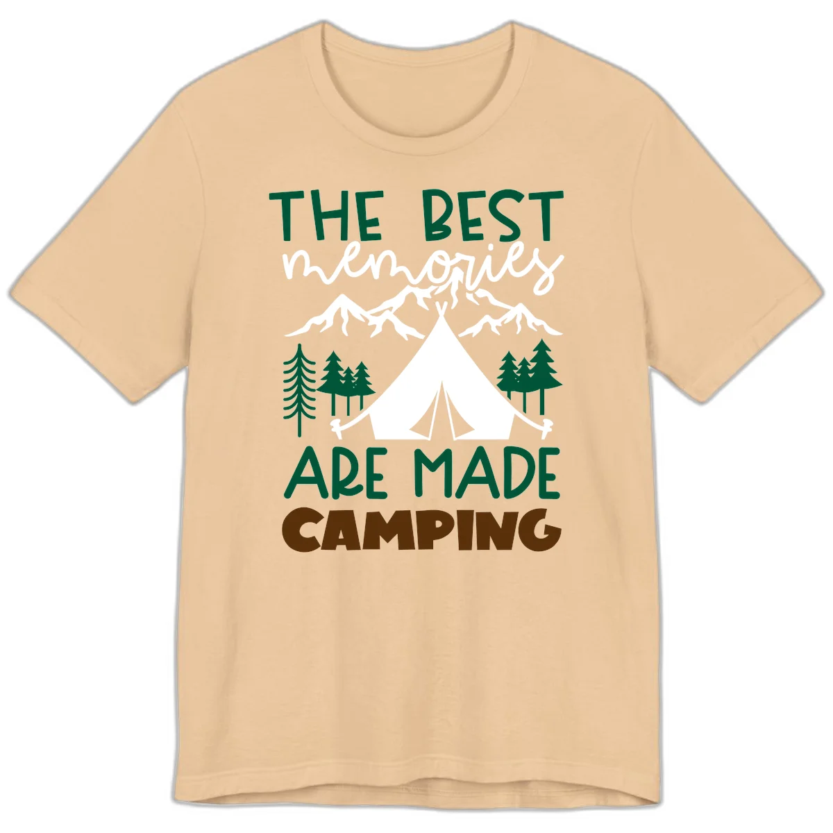 Illustration of tent, mountains, and trees with text reading 'The Best Memories Are Made Camping' in green and white lettering in Sand Dune