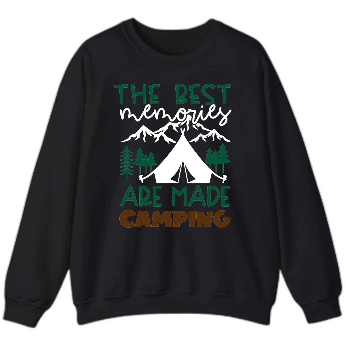 Illustration of tent, mountains, and trees with text reading 'The Best Memories Are Made Camping' in green and white lettering in Black