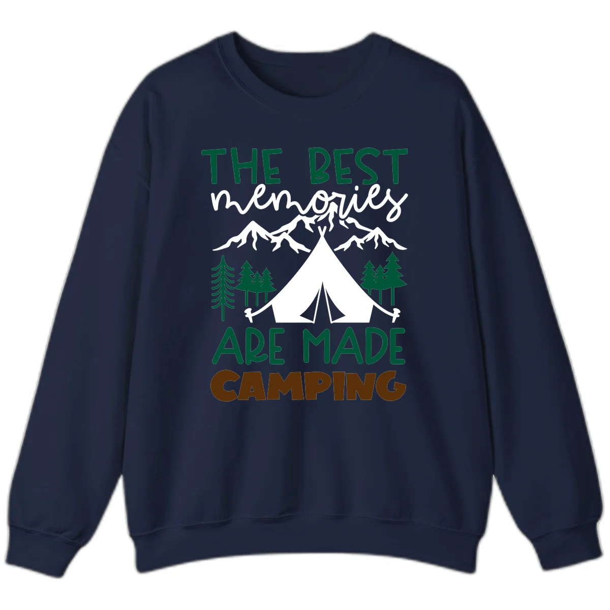 Illustration of tent, mountains, and trees with text reading 'The Best Memories Are Made Camping' in green and white lettering in Navy