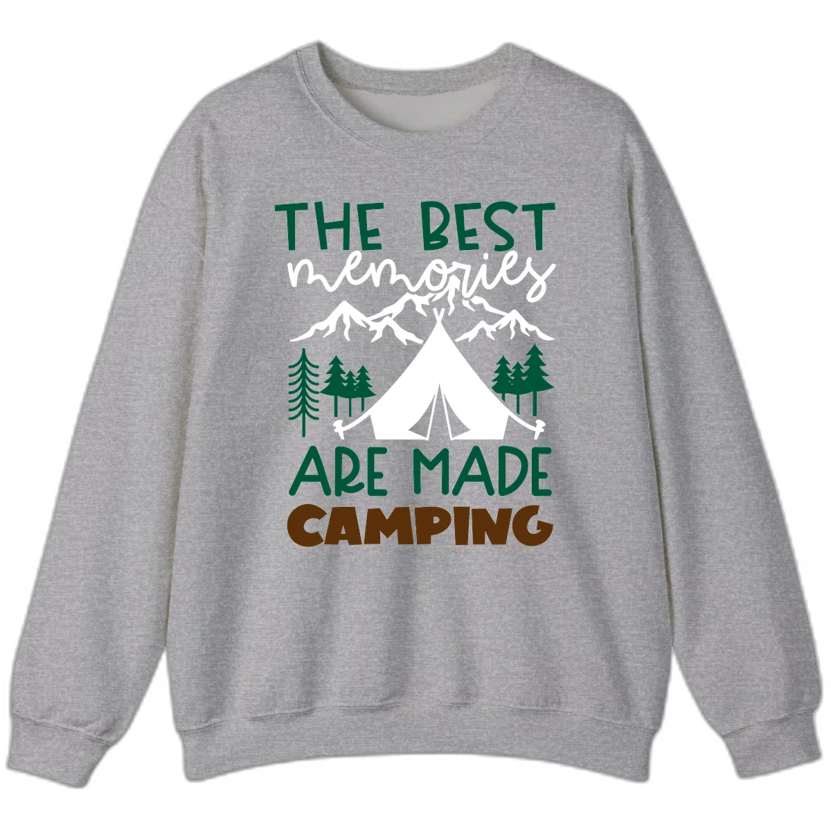 Illustration of tent, mountains, and trees with text reading 'The Best Memories Are Made Camping' in green and white lettering in Sport Grey