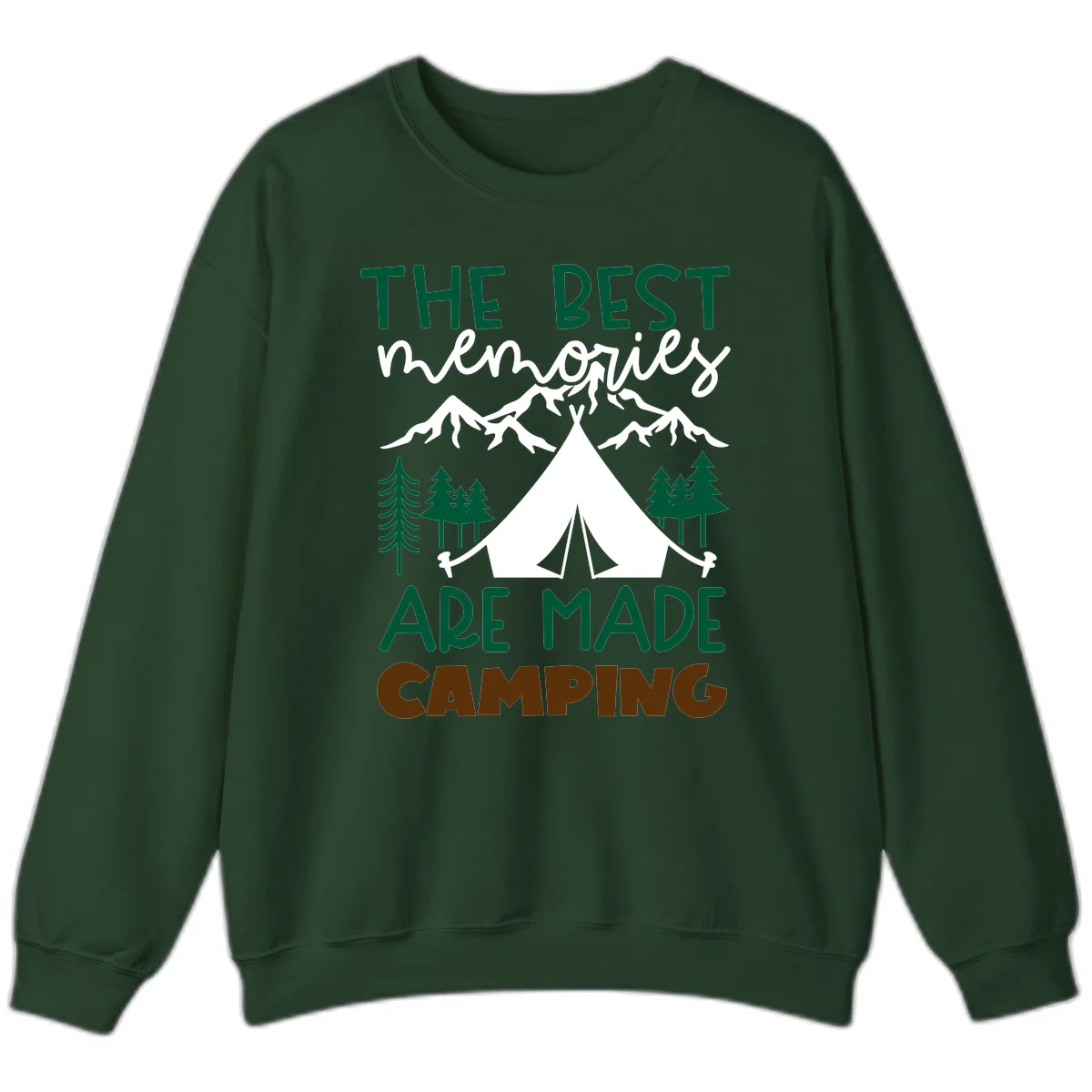 Illustration of tent, mountains, and trees with text reading 'The Best Memories Are Made Camping' in green and white lettering in Forest Green
