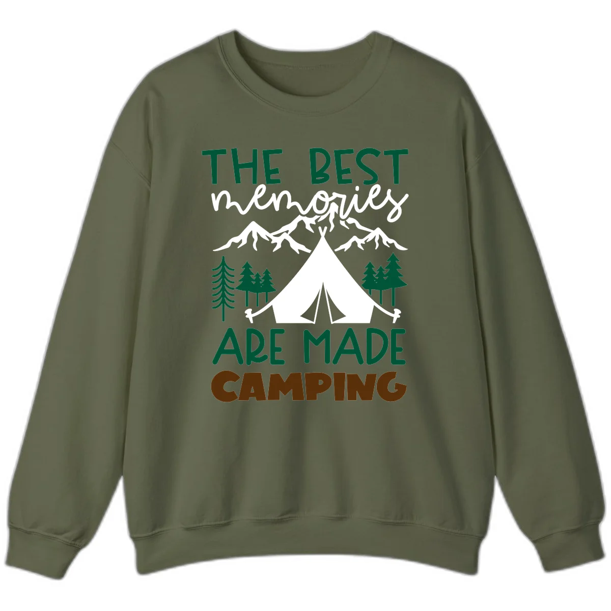 Illustration of tent, mountains, and trees with text reading 'The Best Memories Are Made Camping' in green and white lettering in Military Green