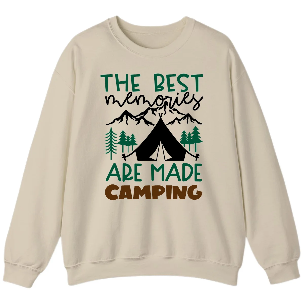 Illustration of tent, mountains, and trees with text reading 'The Best Memories Are Made Camping' in green and white lettering in Sand