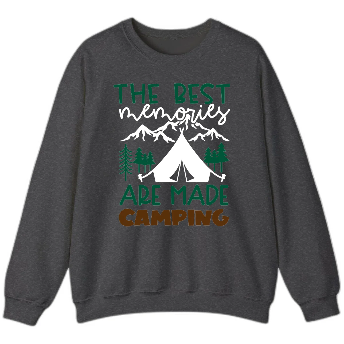 Illustration of tent, mountains, and trees with text reading 'The Best Memories Are Made Camping' in green and white lettering in Dark Heather