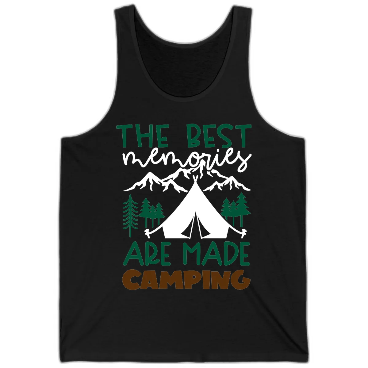 Illustration of tent, mountains, and trees with text reading 'The Best Memories Are Made Camping' in green and white lettering in Black