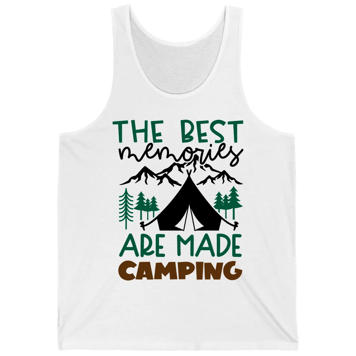 Illustration of tent, mountains, and trees with text reading 'The Best Memories Are Made Camping' in green and white lettering in White