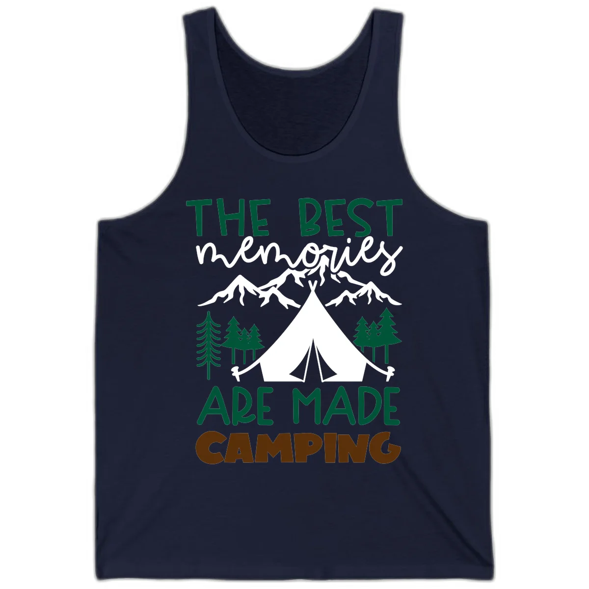 Illustration of tent, mountains, and trees with text reading 'The Best Memories Are Made Camping' in green and white lettering in Navy