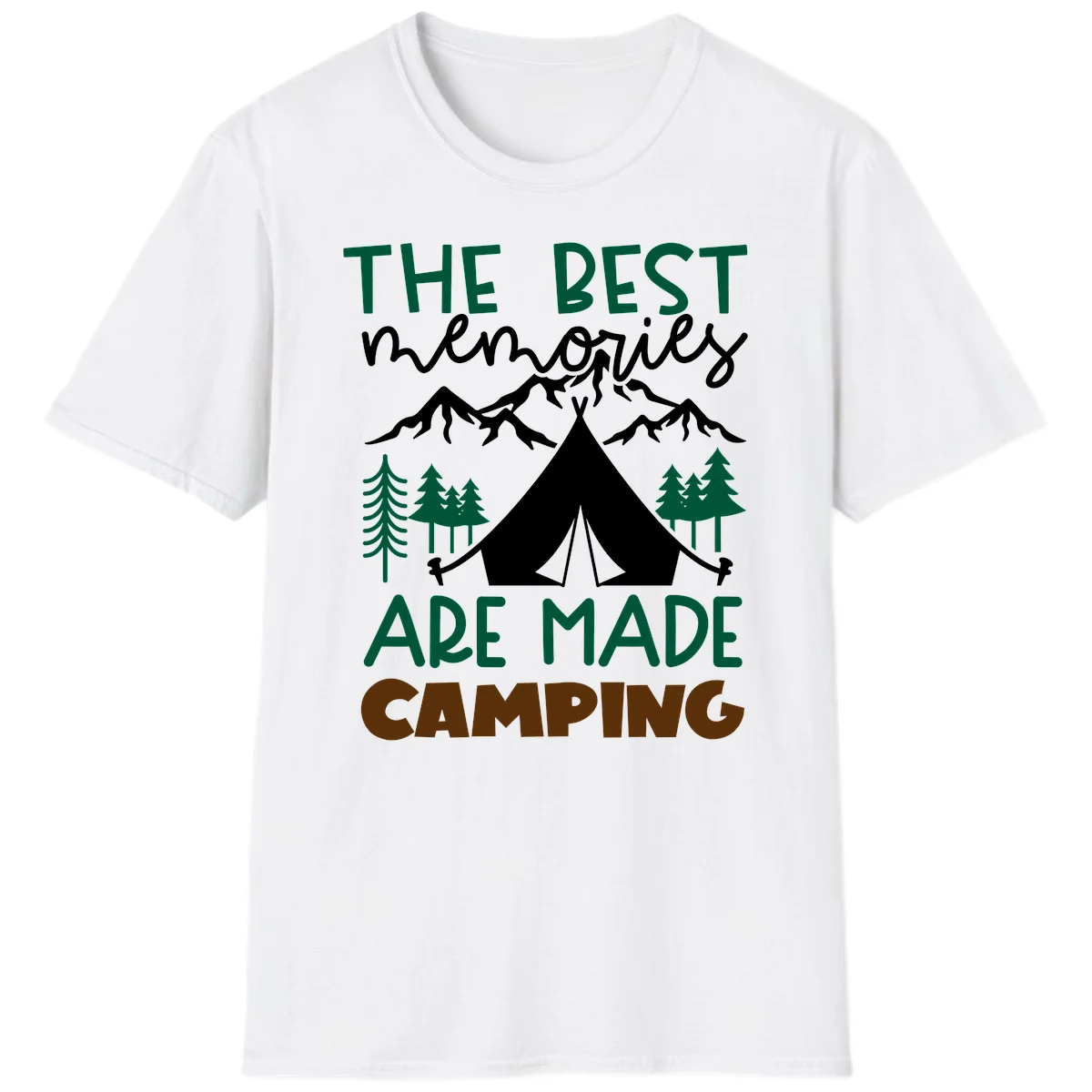 Illustration of tent, mountains, and trees with text reading 'The Best Memories Are Made Camping' in green and white lettering in White