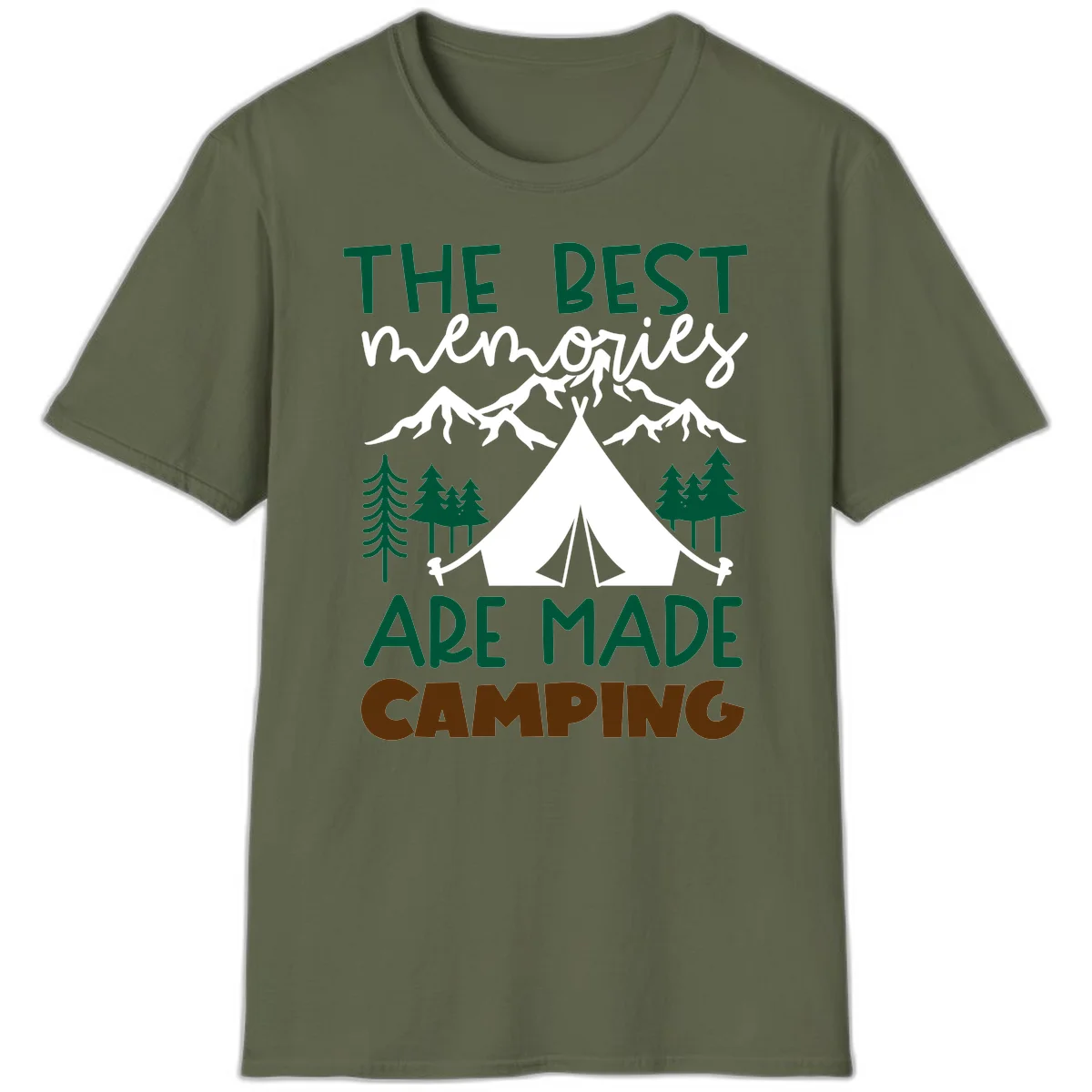 Illustration of tent, mountains, and trees with text reading 'The Best Memories Are Made Camping' in green and white lettering in Military Green