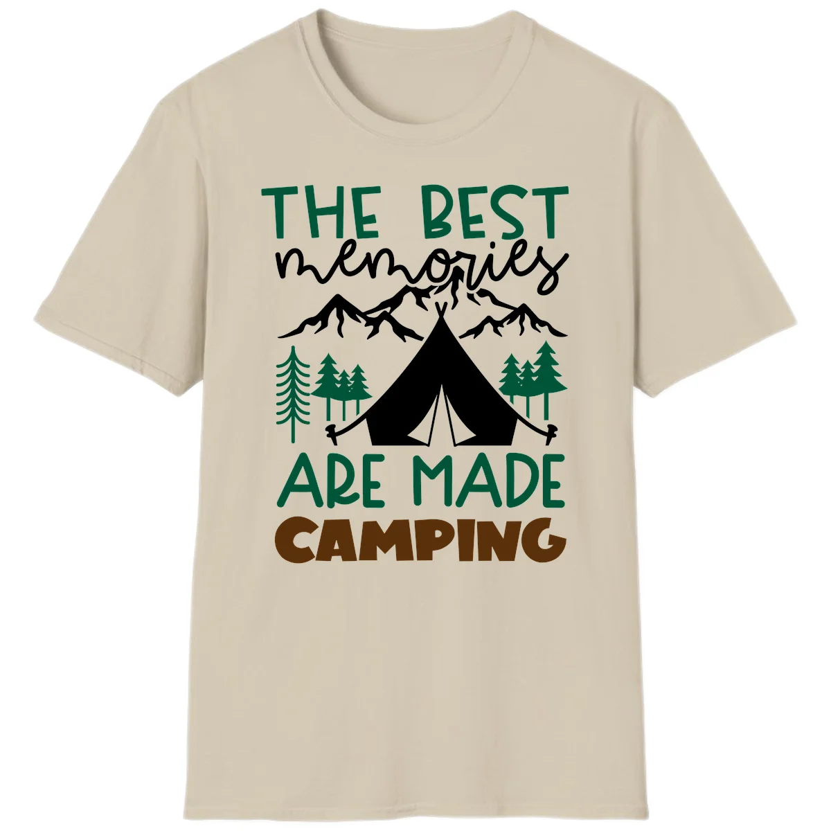 Illustration of tent, mountains, and trees with text reading 'The Best Memories Are Made Camping' in green and white lettering in Sand