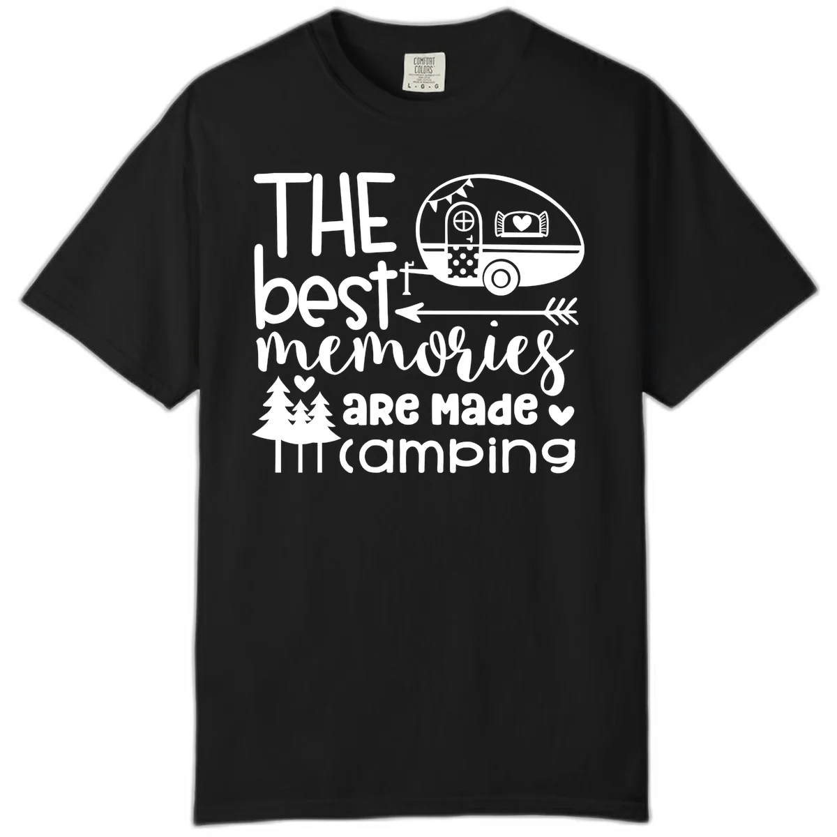 Vintage travel trailer with decorative text reading 'The best memories are made camping' surrounded by pine trees and hearts on gray background. in Black