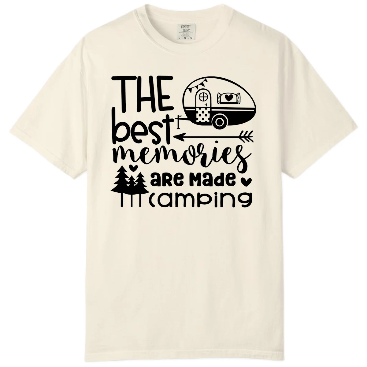Vintage travel trailer with decorative text reading 'The best memories are made camping' surrounded by pine trees and hearts on gray background. in Ivory