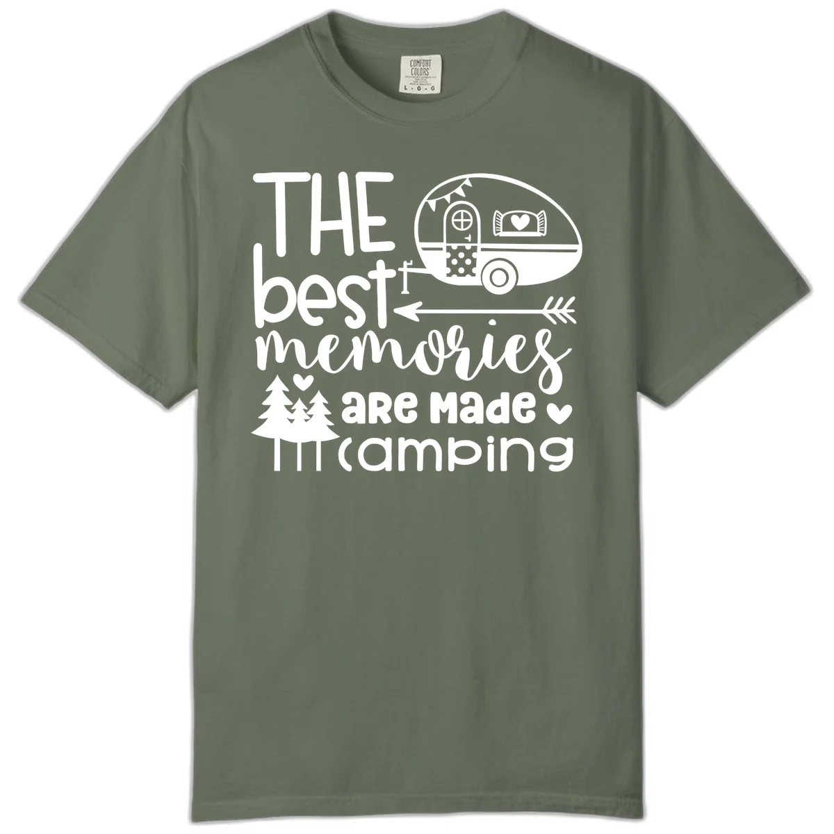 Vintage travel trailer with decorative text reading 'The best memories are made camping' surrounded by pine trees and hearts on gray background. in Moss