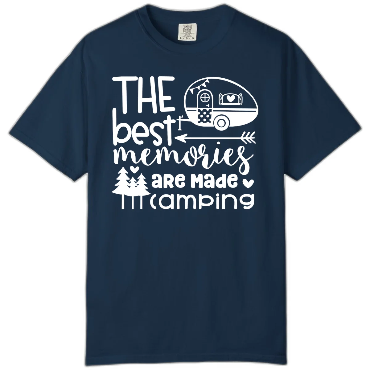 Vintage travel trailer with decorative text reading 'The best memories are made camping' surrounded by pine trees and hearts on gray background. in True Navy