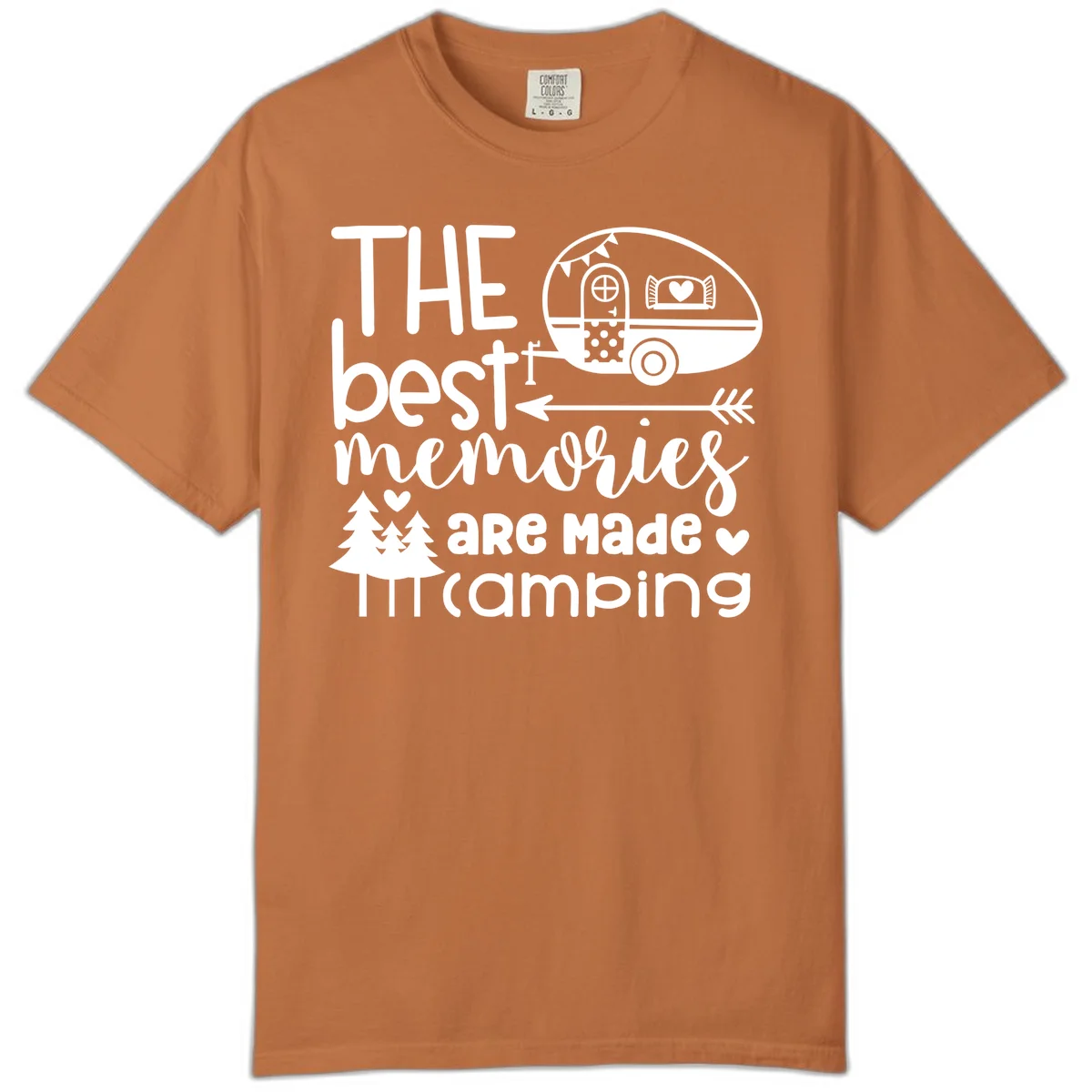 Vintage travel trailer with decorative text reading 'The best memories are made camping' surrounded by pine trees and hearts on gray background. in Yam