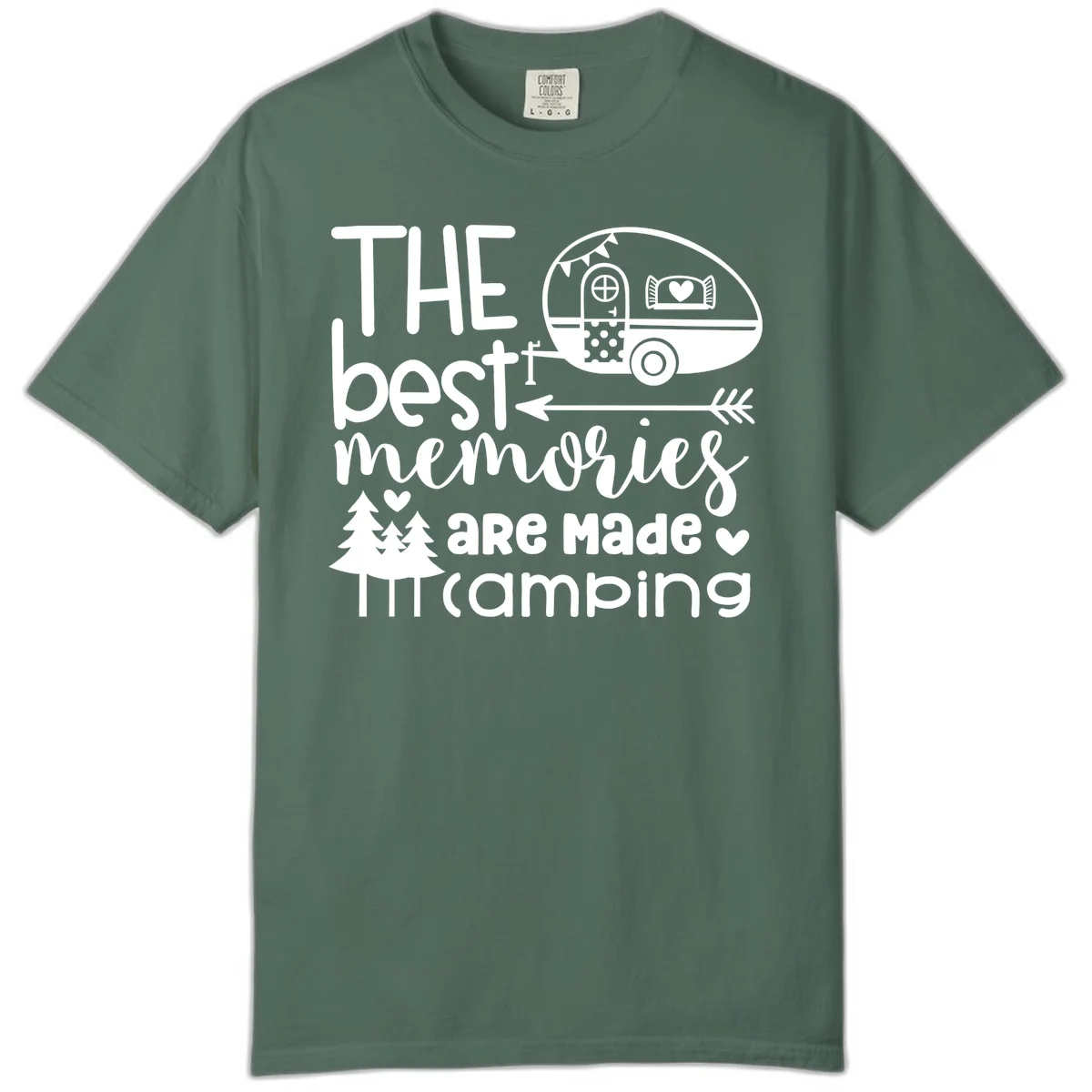 Vintage travel trailer with decorative text reading 'The best memories are made camping' surrounded by pine trees and hearts on gray background. in Blue Spruce