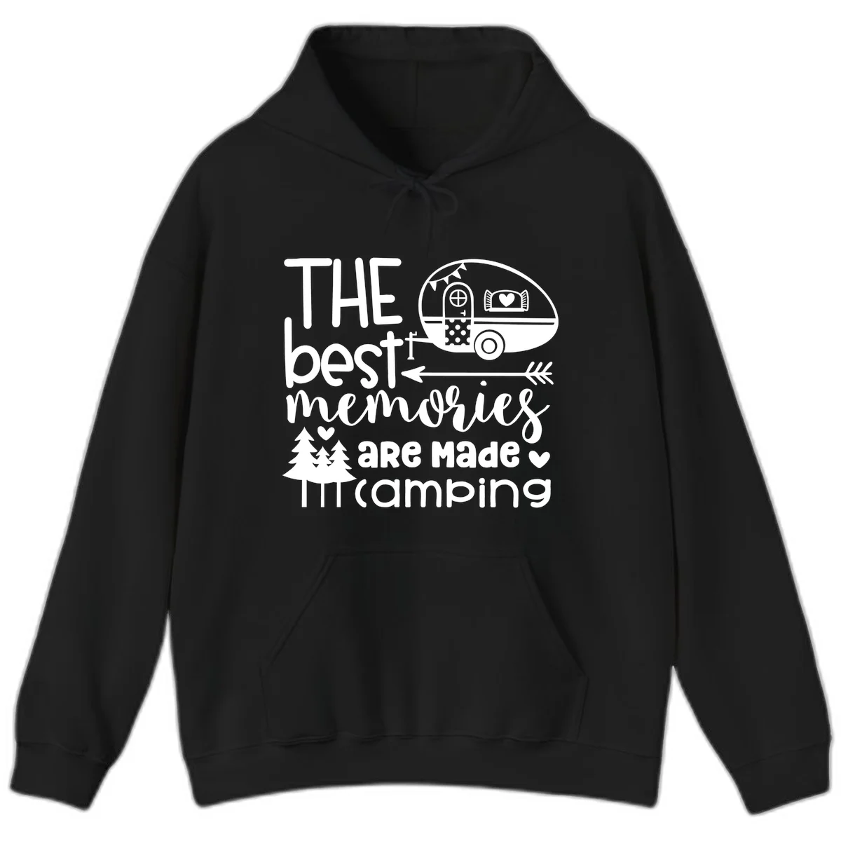Vintage travel trailer with decorative text reading 'The best memories are made camping' surrounded by pine trees and hearts on gray background. in Black