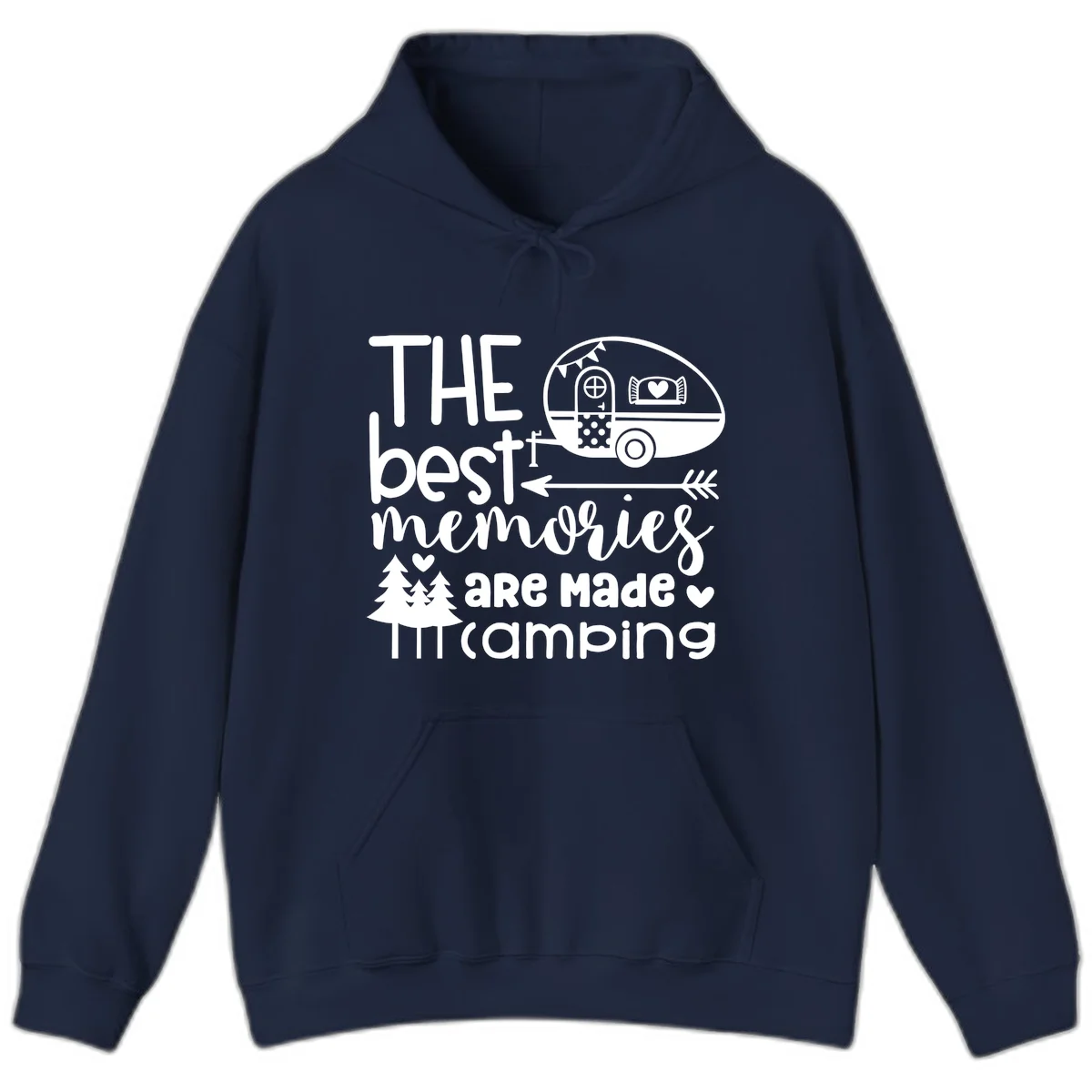 Vintage travel trailer with decorative text reading 'The best memories are made camping' surrounded by pine trees and hearts on gray background. in Navy