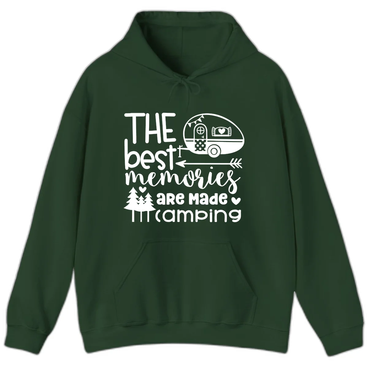 Vintage travel trailer with decorative text reading 'The best memories are made camping' surrounded by pine trees and hearts on gray background. in Forest Green