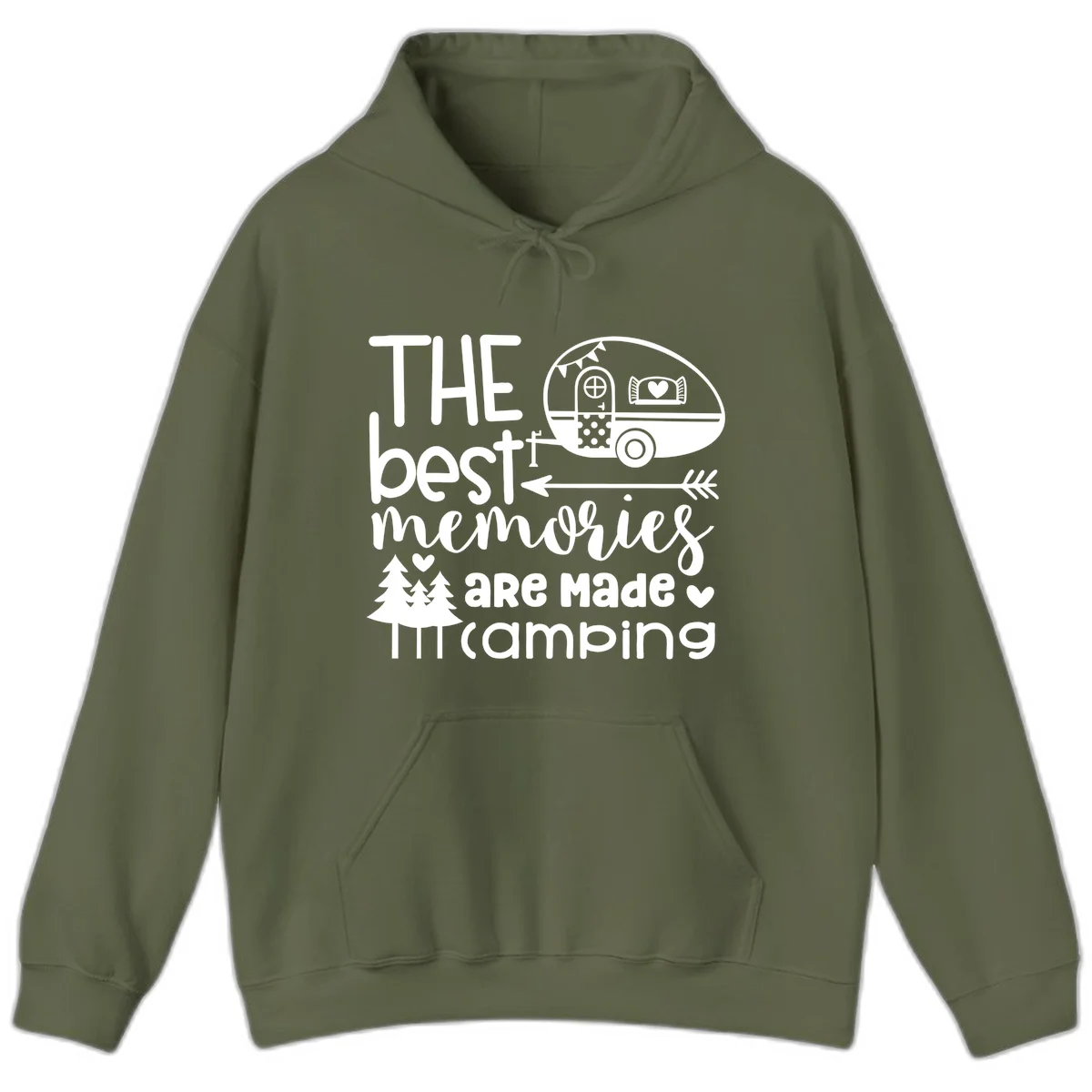 Vintage travel trailer with decorative text reading 'The best memories are made camping' surrounded by pine trees and hearts on gray background. in Military Green