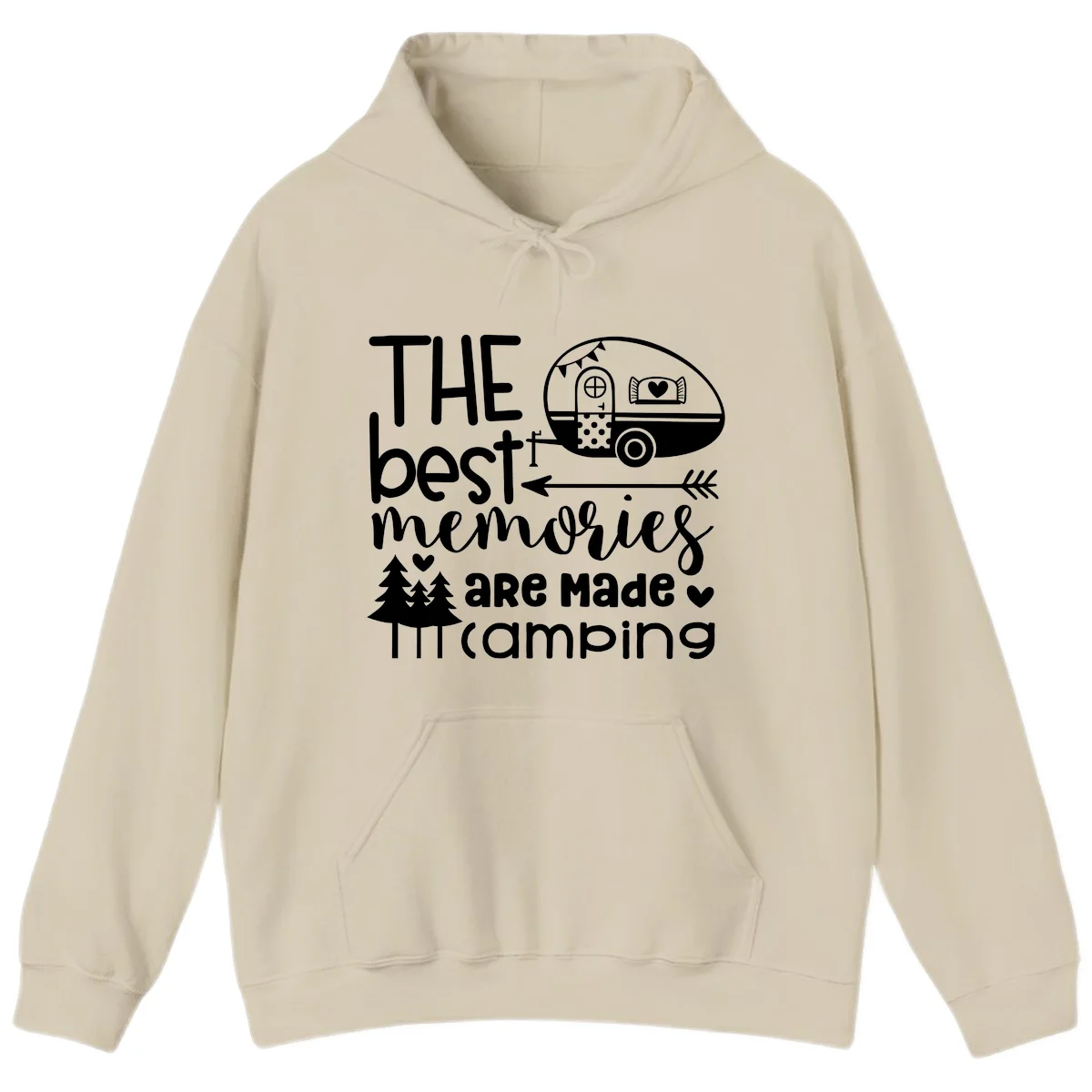 Vintage travel trailer with decorative text reading 'The best memories are made camping' surrounded by pine trees and hearts on gray background. in Sand