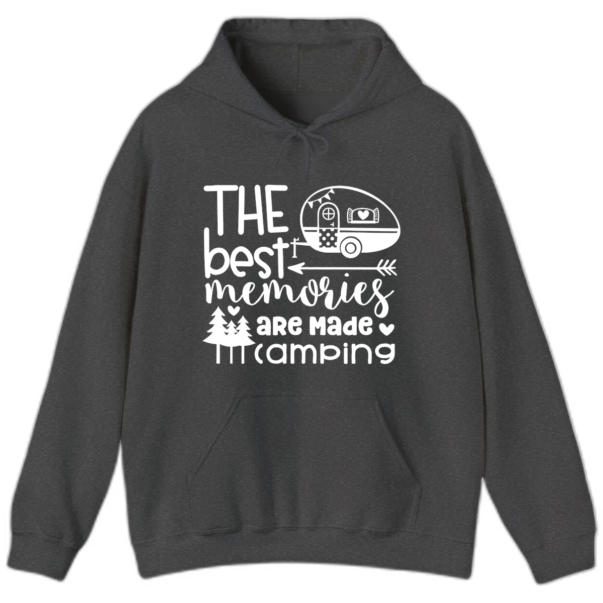 Vintage travel trailer with decorative text reading 'The best memories are made camping' surrounded by pine trees and hearts on gray background. in Dark Heather