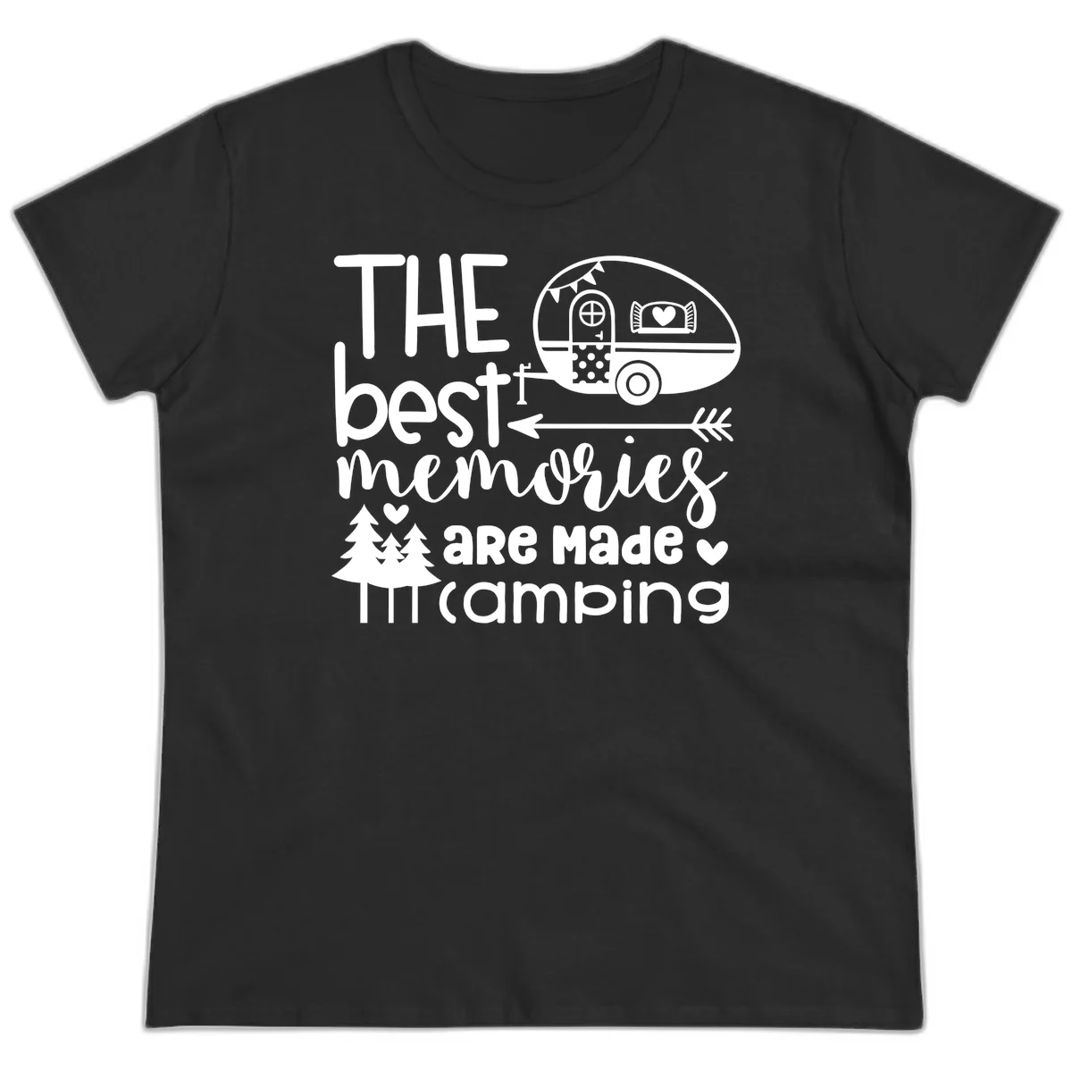Vintage travel trailer with decorative text reading 'The best memories are made camping' surrounded by pine trees and hearts on gray background. in Black