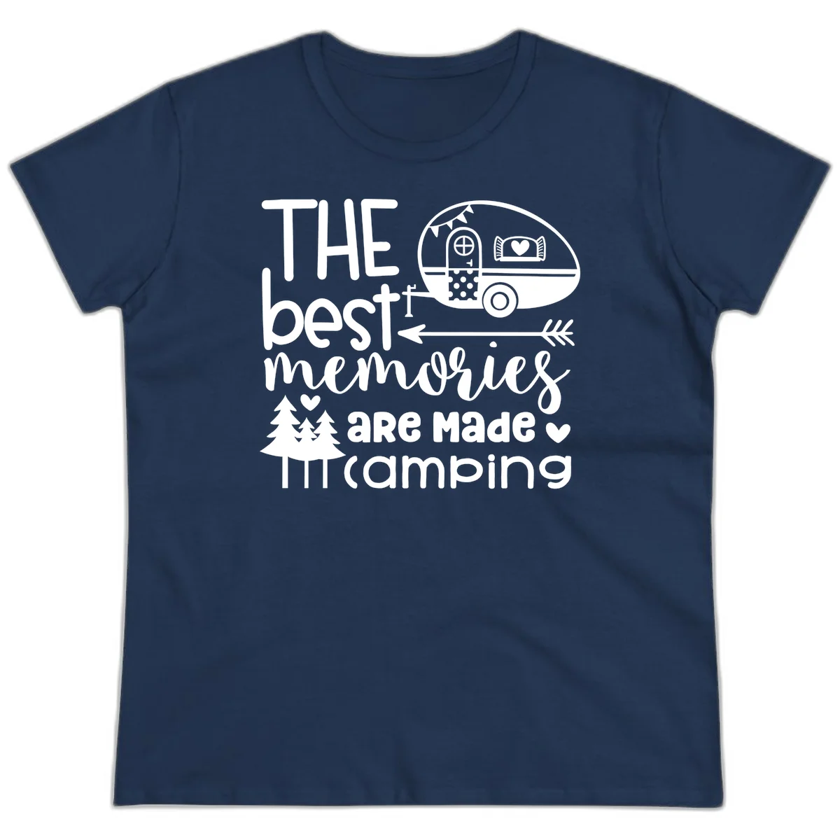 Vintage travel trailer with decorative text reading 'The best memories are made camping' surrounded by pine trees and hearts on gray background. in Navy