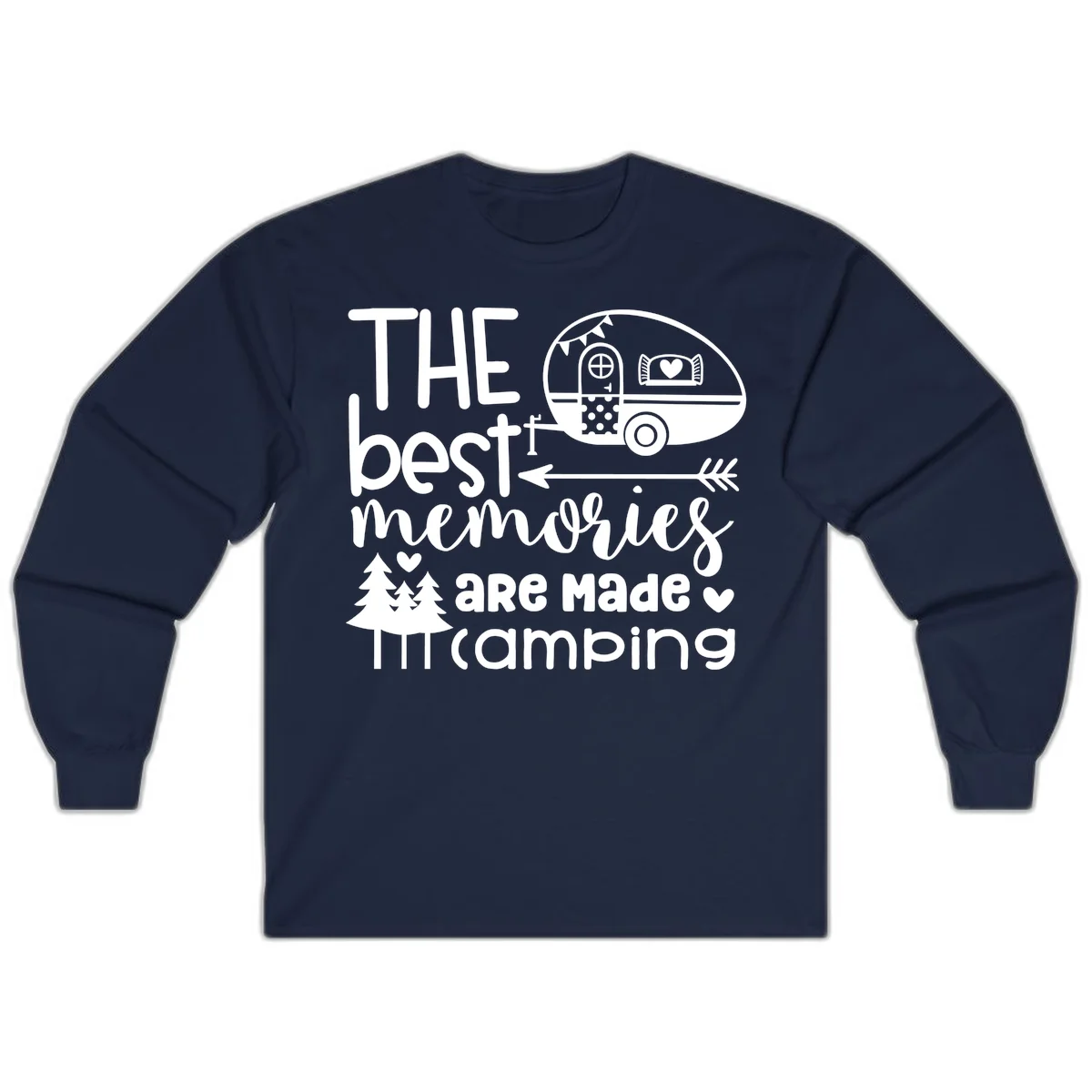 Vintage travel trailer with decorative text reading 'The best memories are made camping' surrounded by pine trees and hearts on gray background. in Navy