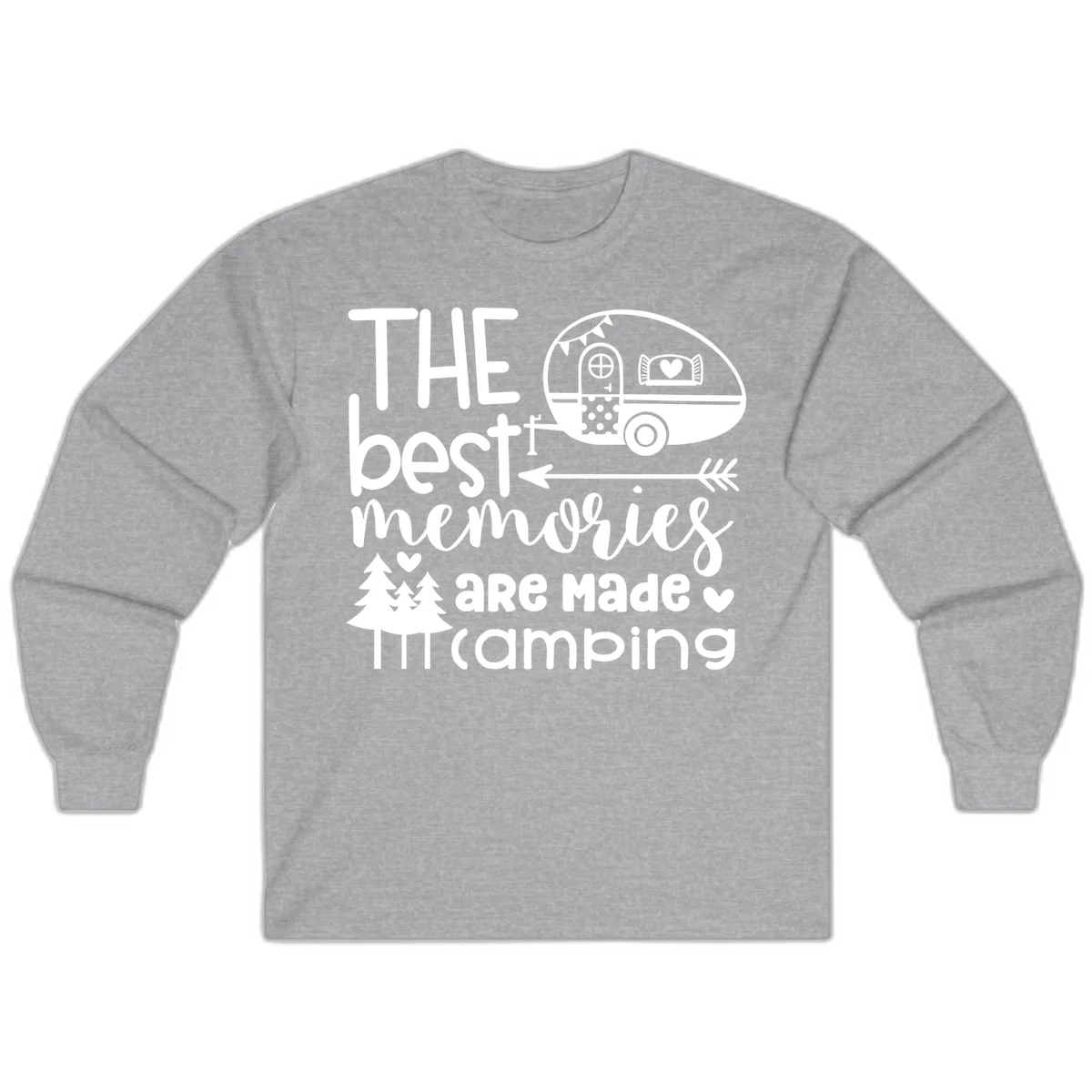 Vintage travel trailer with decorative text reading 'The best memories are made camping' surrounded by pine trees and hearts on gray background. in Sport Grey