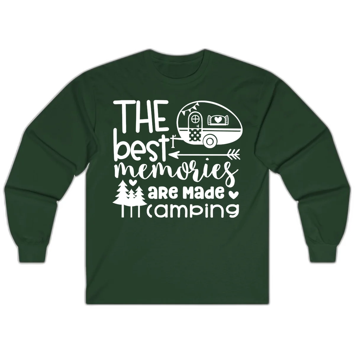 Vintage travel trailer with decorative text reading 'The best memories are made camping' surrounded by pine trees and hearts on gray background. in Forest Green