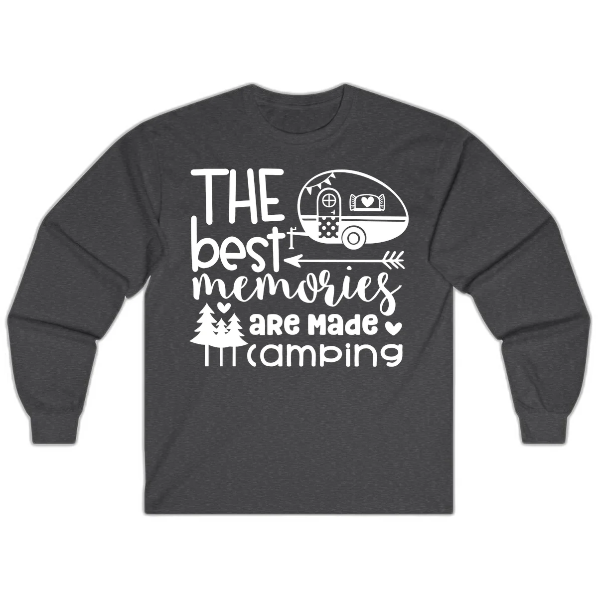 Vintage travel trailer with decorative text reading 'The best memories are made camping' surrounded by pine trees and hearts on gray background. in Dark Heather